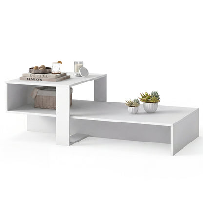 Table basse moderne à 2 niveaux avec étagère ouverte, blanc