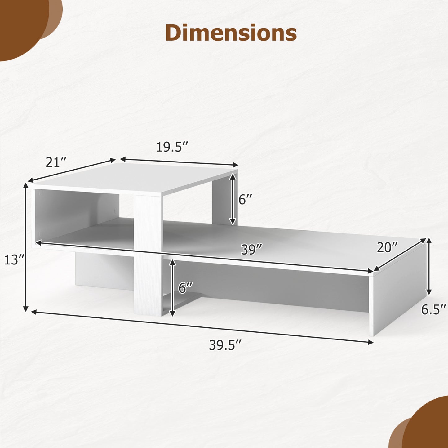 Table basse moderne à 2 niveaux avec étagère ouverte, blanc