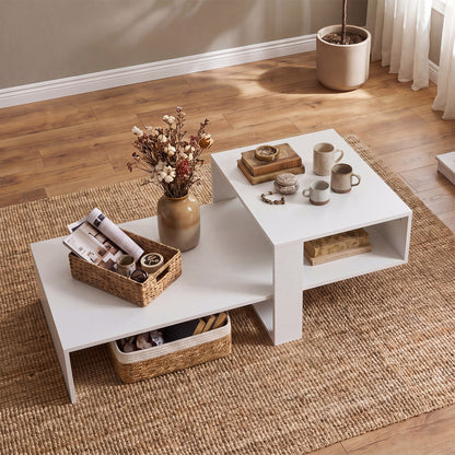 Table basse moderne à 2 niveaux avec étagère ouverte, blanc