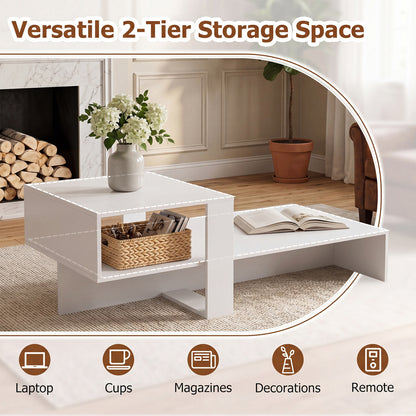 Table basse moderne à 2 niveaux avec étagère ouverte, blanc