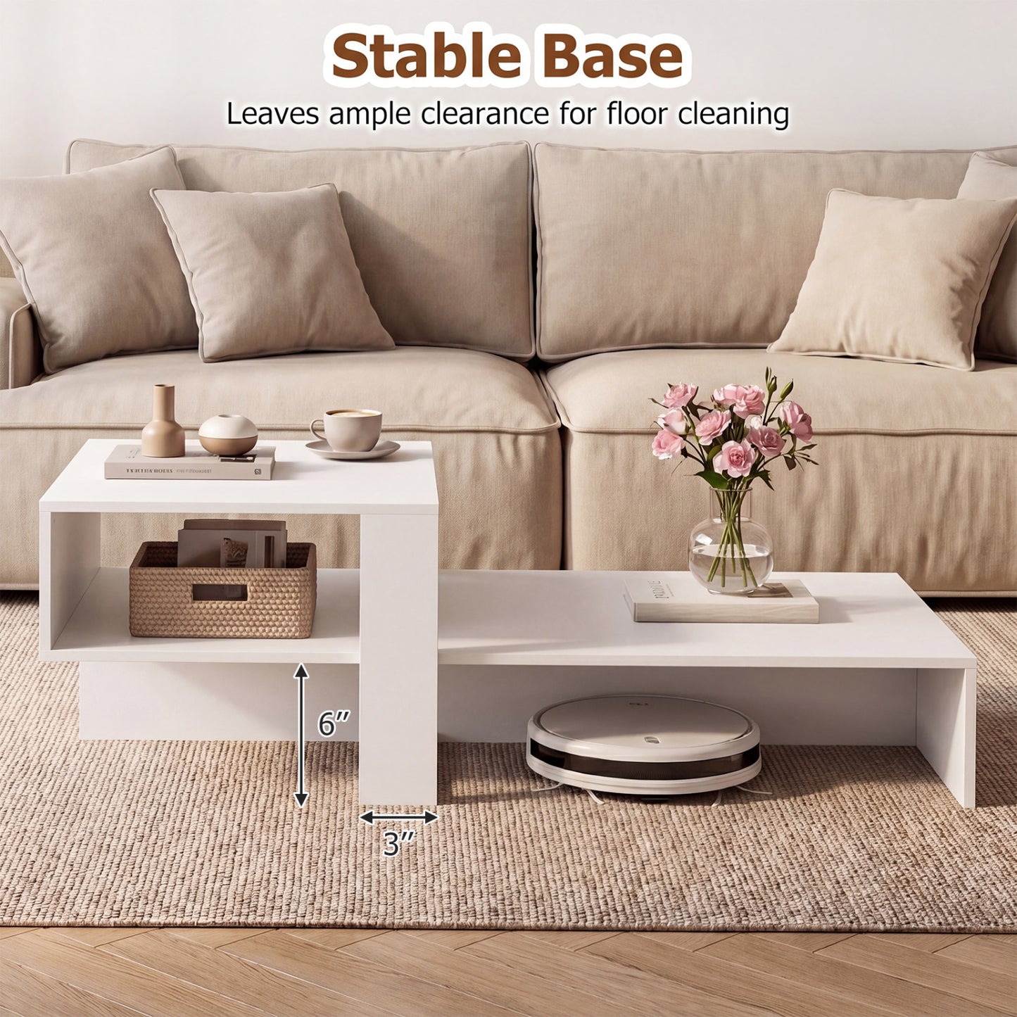 Table basse moderne à 2 niveaux avec étagère ouverte, blanc