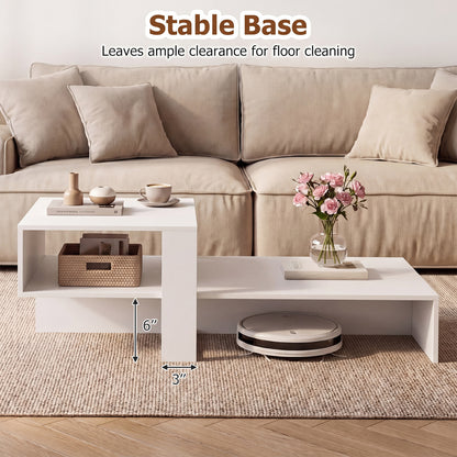 Table basse moderne à 2 niveaux avec étagère ouverte, blanc