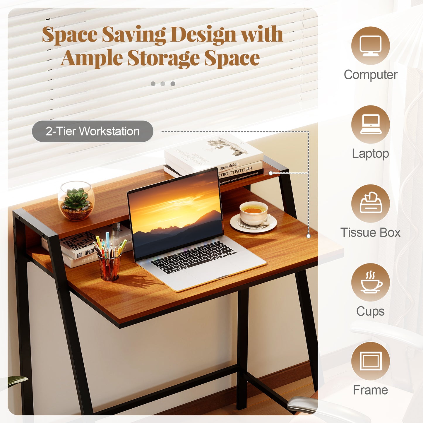 2 Tier Computer Desk PC Laptop Table Study Writing Home Office Workstation New, Walnut Writing Desks at Gallery Canada