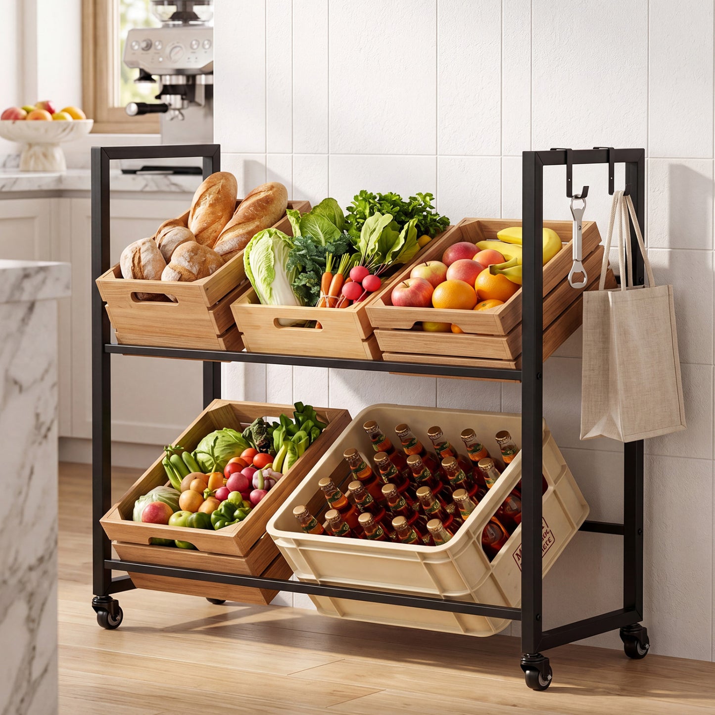 2-Tier Drink Crate Rack, 4 Universal Wheels, Black Kitchen Organization at Gallery Canada