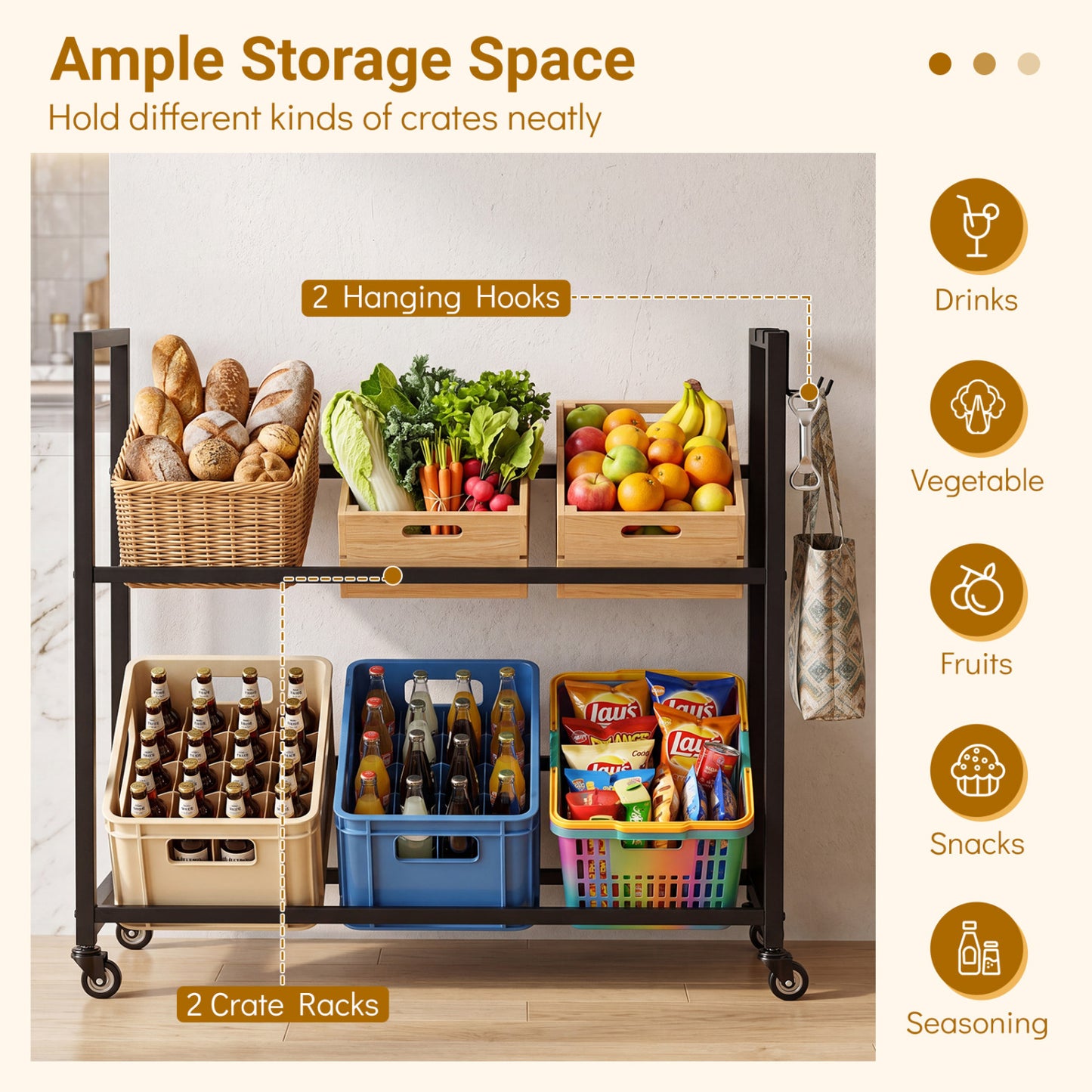 2-Tier Drink Crate Rack, 4 Universal Wheels, Black Kitchen Organization at Gallery Canada