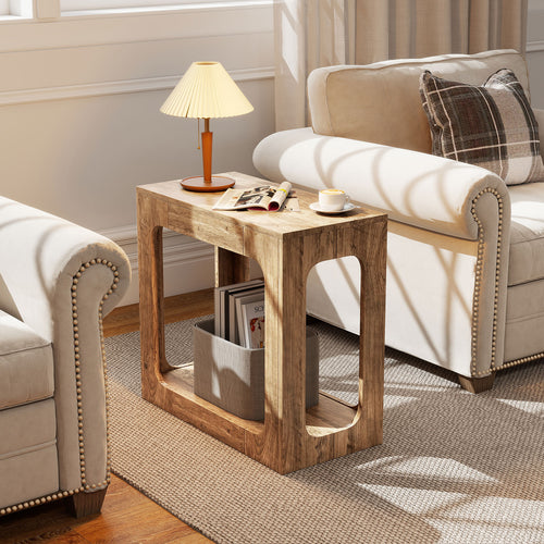 2-Tier End Table with Storage Shelf for Living Room, Oak