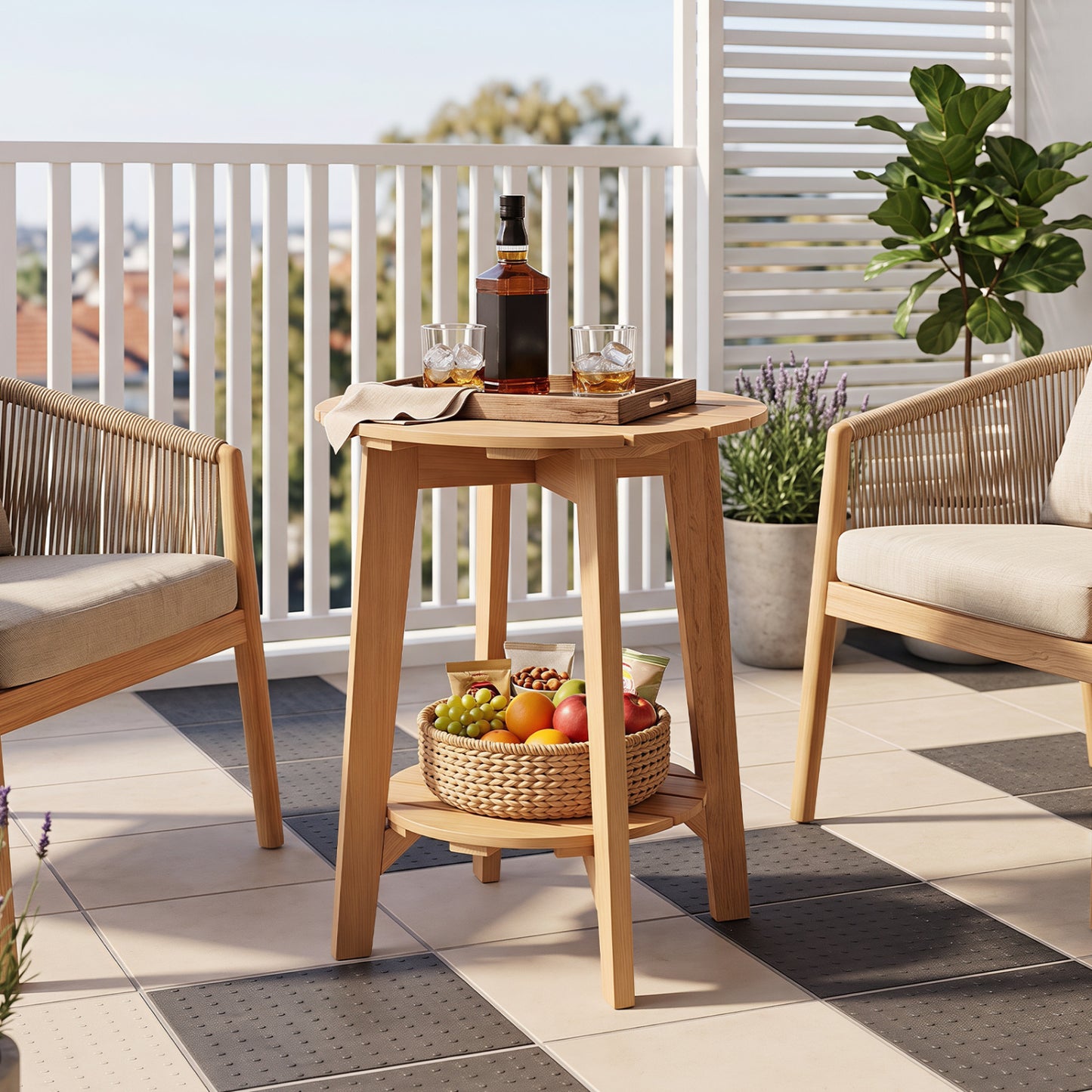 Table d'appoint en bois, 2 niveaux avec étagère de rangement, Eucalyptus, Naturel