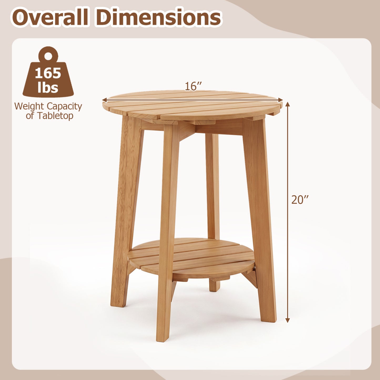 Table d'appoint en bois, 2 niveaux avec étagère de rangement, Eucalyptus, Naturel
