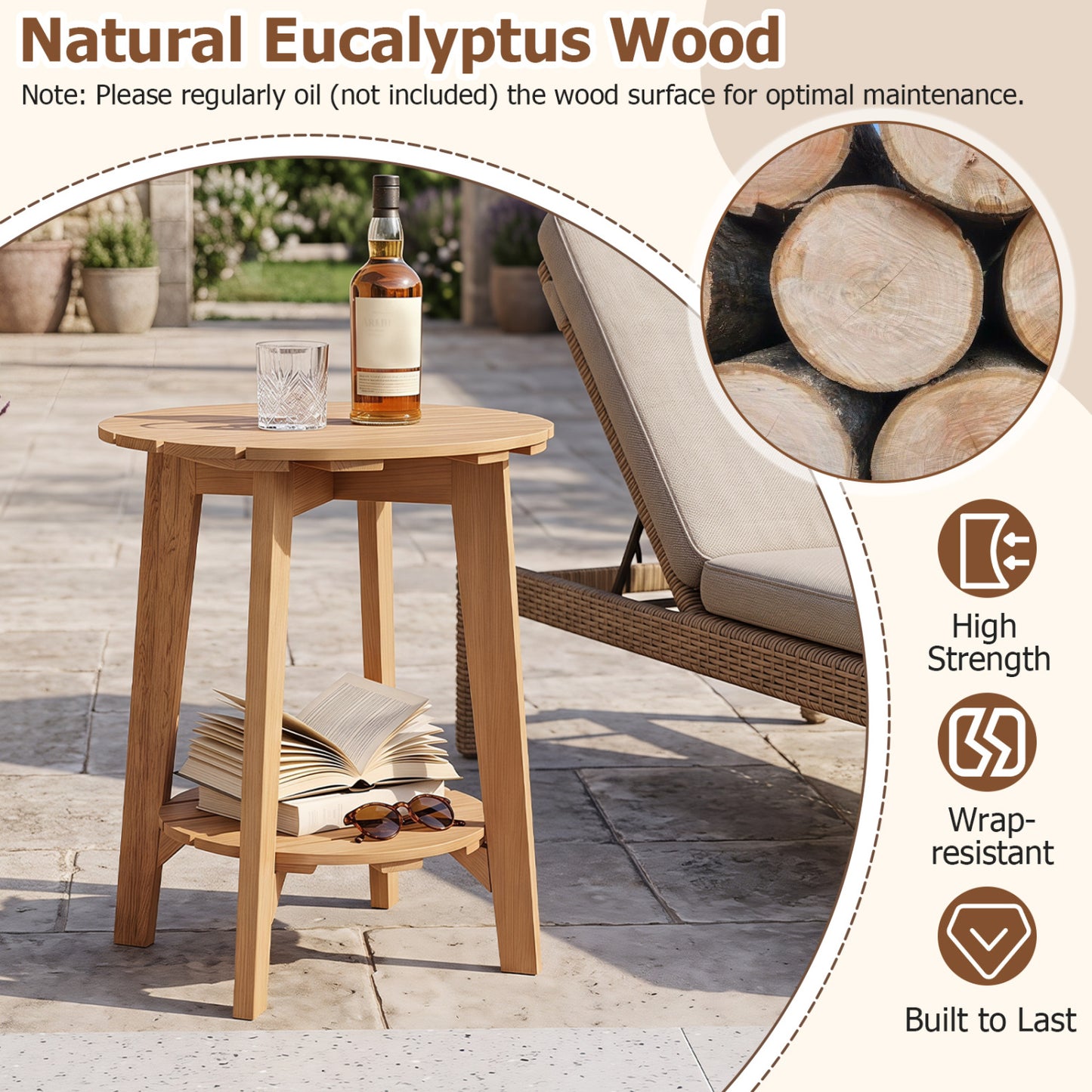 Table d'appoint en bois, 2 niveaux avec étagère de rangement, Eucalyptus, Naturel