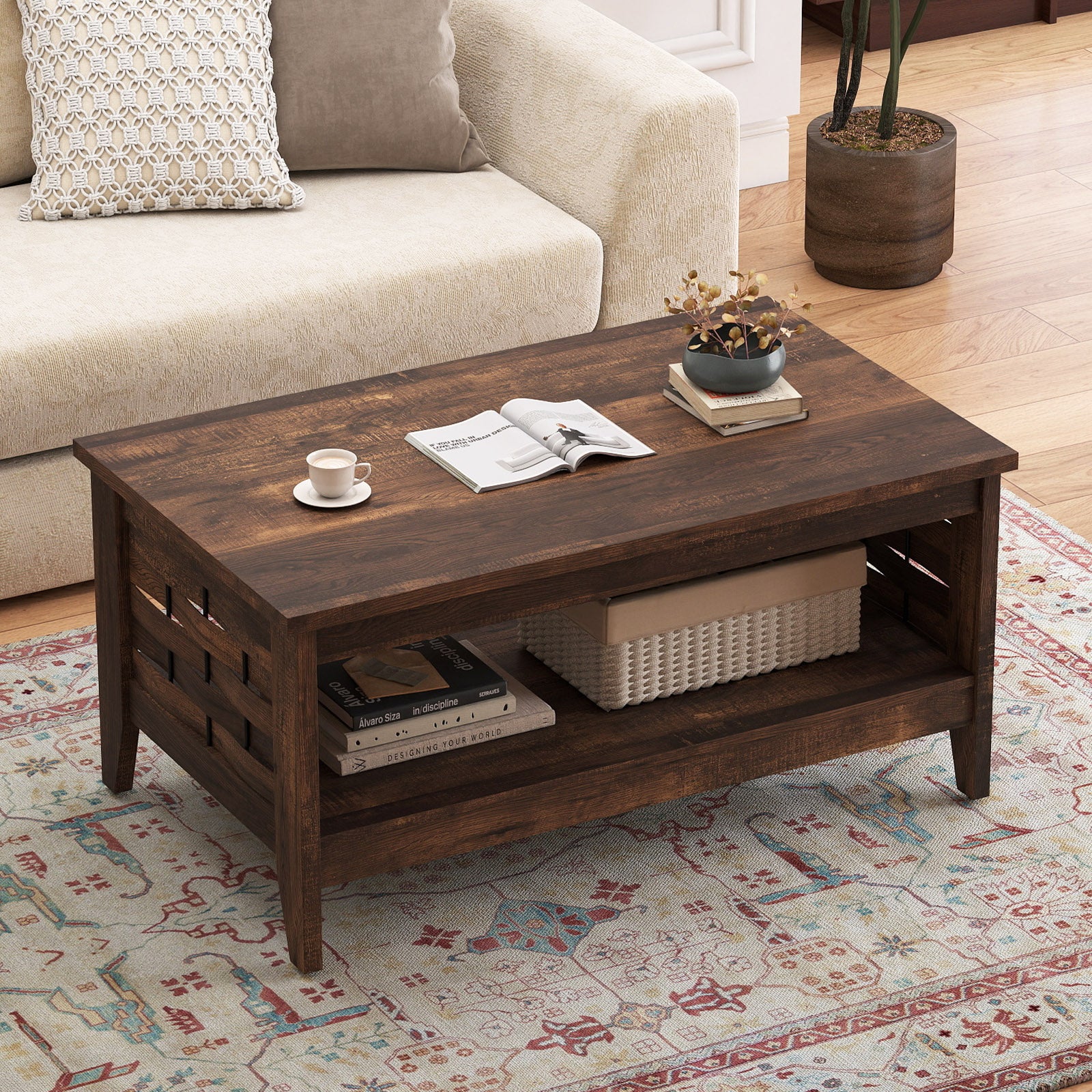 2-Tier Farmhouse Coffee Table with Open Shelf and Woven Decorations for Living Room, Rustic Brown Coffee Tables at Gallery Canada