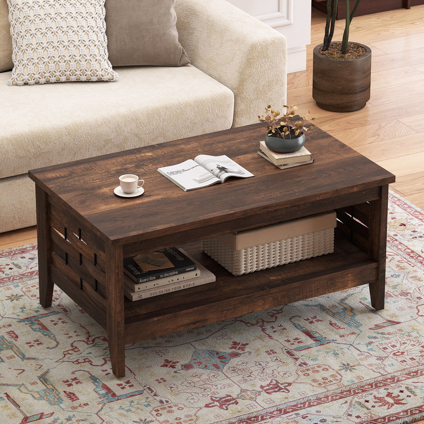 2-Tier Farmhouse Coffee Table with Open Shelf and Woven Decorations for Living Room, Rustic Brown Coffee Tables at Gallery Canada