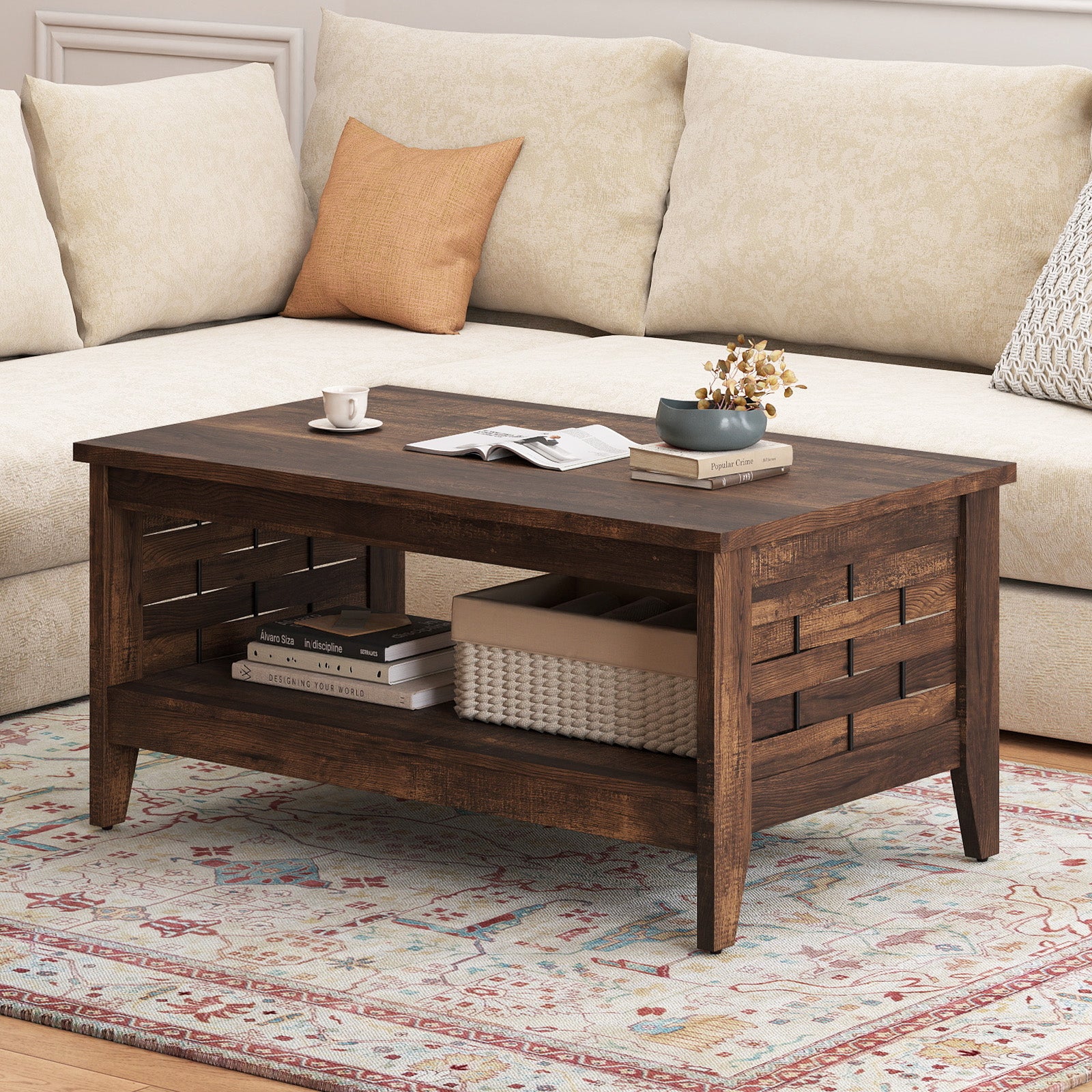 2-Tier Farmhouse Coffee Table with Open Shelf and Woven Decorations for Living Room, Rustic Brown Coffee Tables at Gallery Canada