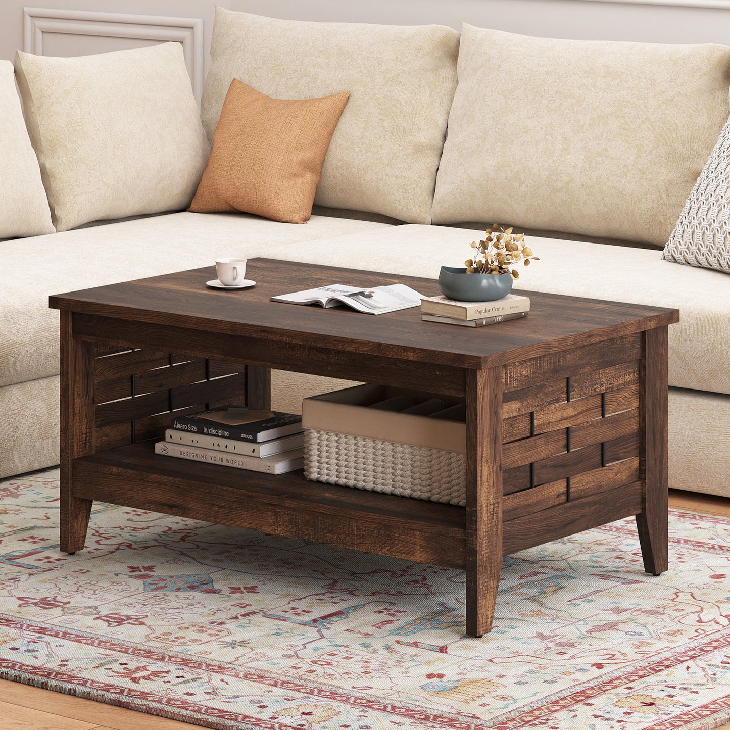 2-Tier Farmhouse Coffee Table with Open Shelf and Woven Decorations for Living Room, Rustic Brown Coffee Tables at Gallery Canada