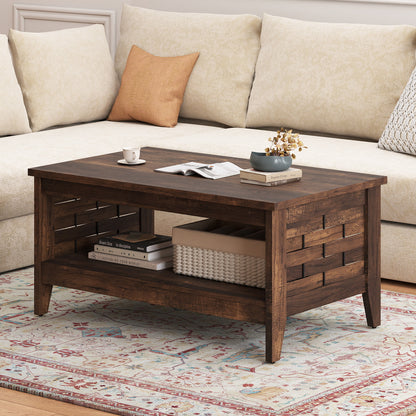 2-Tier Farmhouse Coffee Table with Open Shelf and Woven Decorations for Living Room, Rustic Brown Coffee Tables at Gallery Canada