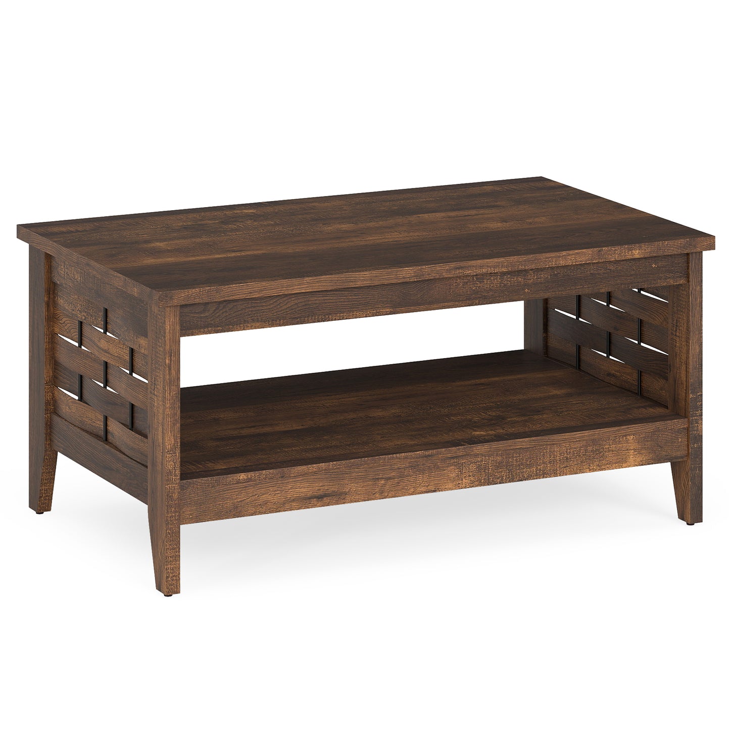 2-Tier Farmhouse Coffee Table, Open Shelf, Woven Decor, Rustic, Brown Coffee Tables Rustic Brown at Gallery Canada