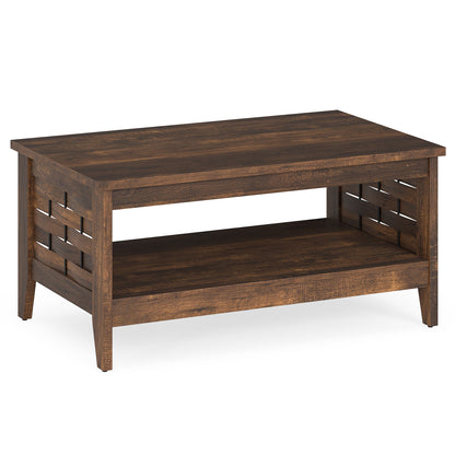 2-Tier Farmhouse Coffee Table, Open Shelf, Woven Decor, Rustic, Brown Coffee Tables Rustic Brown at Gallery Canada