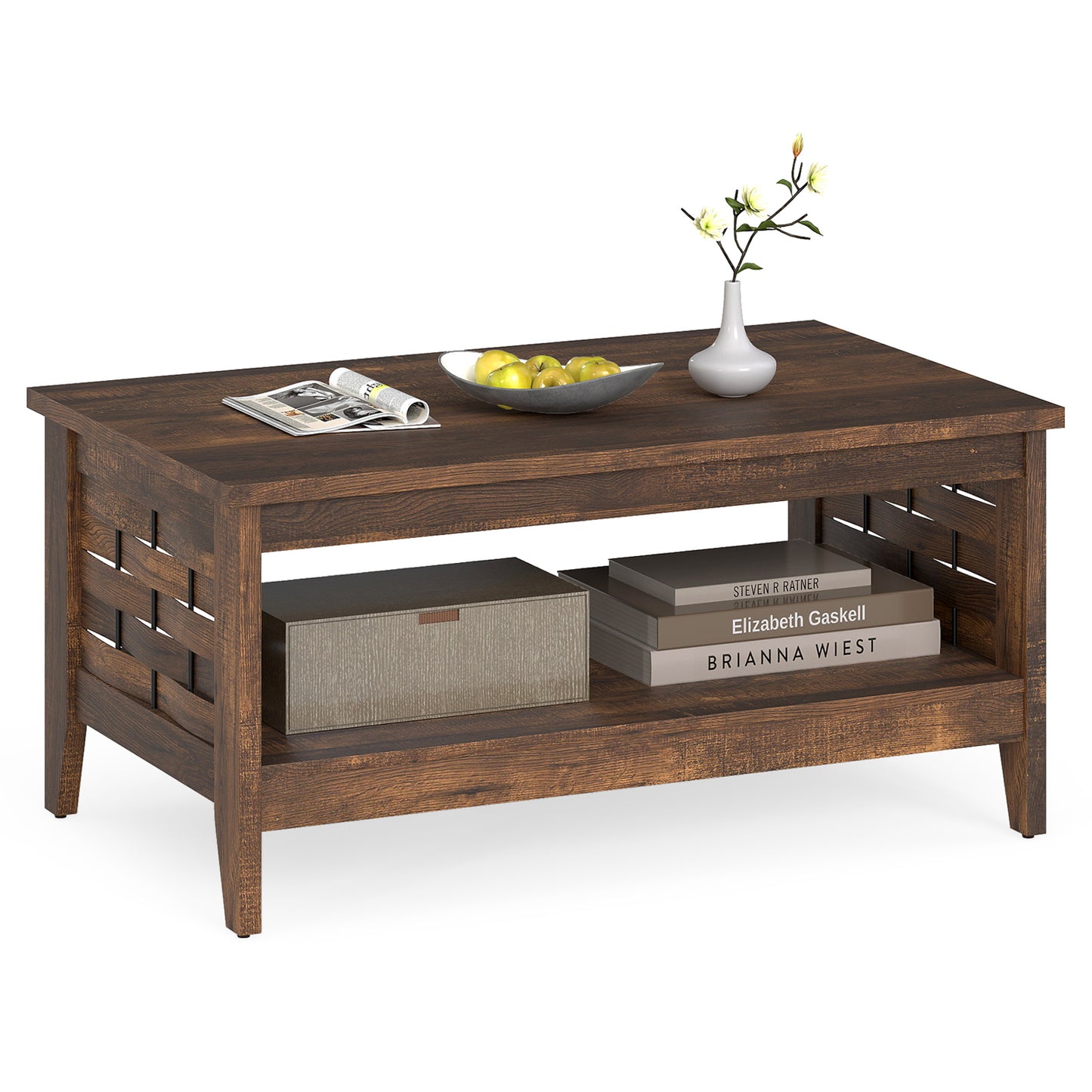 2-Tier Farmhouse Coffee Table with Open Shelf and Woven Decorations for Living Room, Rustic Brown Coffee Tables at Gallery Canada