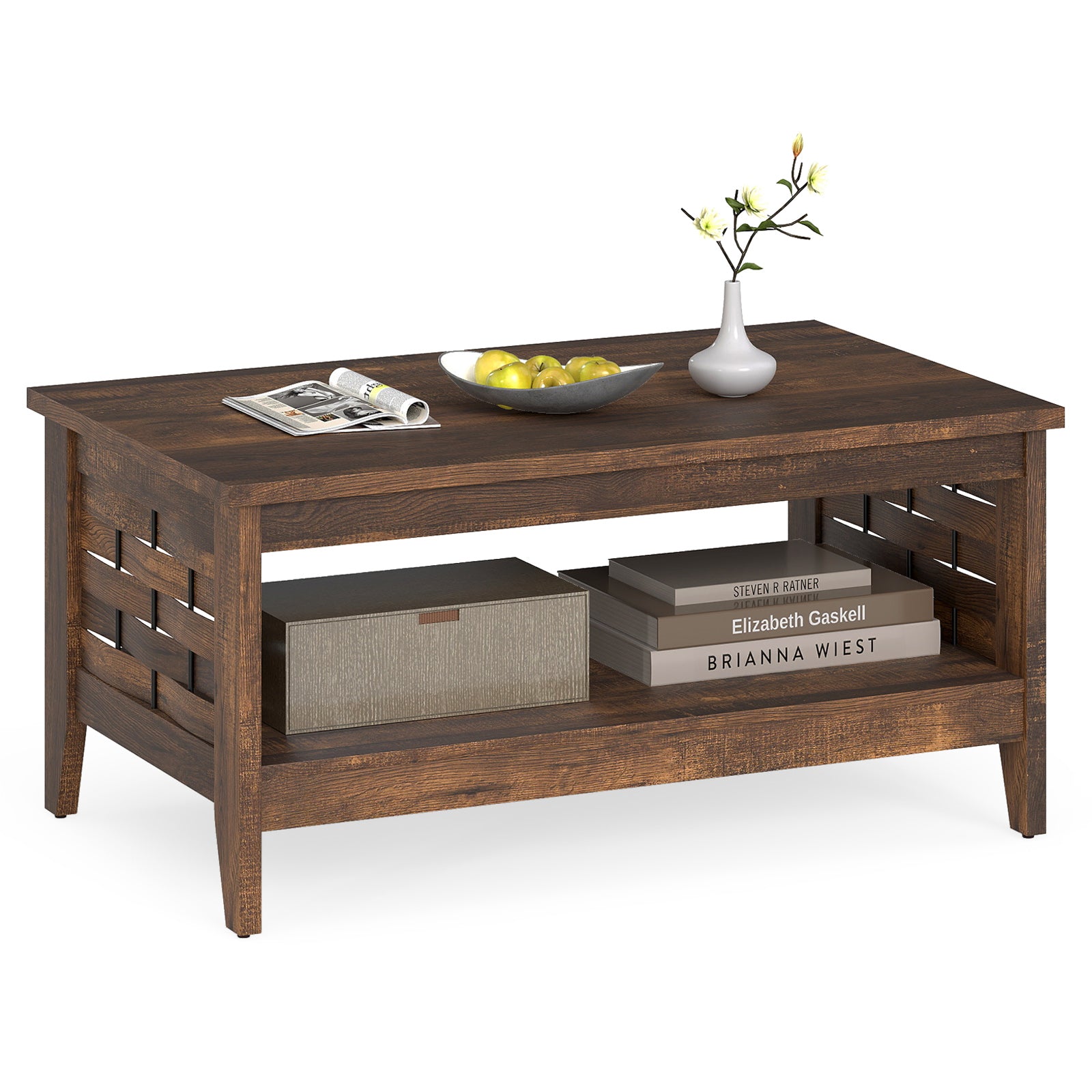 2-Tier Farmhouse Coffee Table with Open Shelf and Woven Decorations for Living Room, Rustic Brown Coffee Tables at Gallery Canada