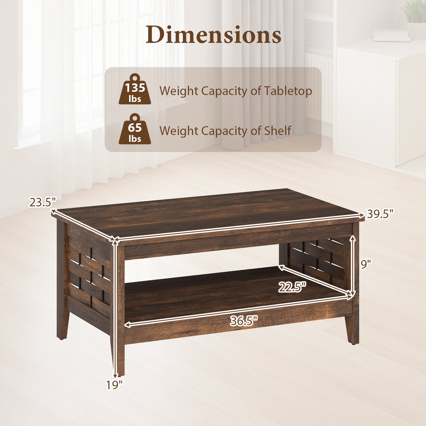 2-Tier Farmhouse Coffee Table with Open Shelf and Woven Decorations for Living Room, Rustic Brown Coffee Tables at Gallery Canada