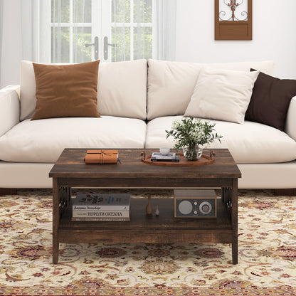 2-Tier Farmhouse Coffee Table with Open Shelf and Woven Decorations for Living Room, Rustic Brown Coffee Tables at Gallery Canada
