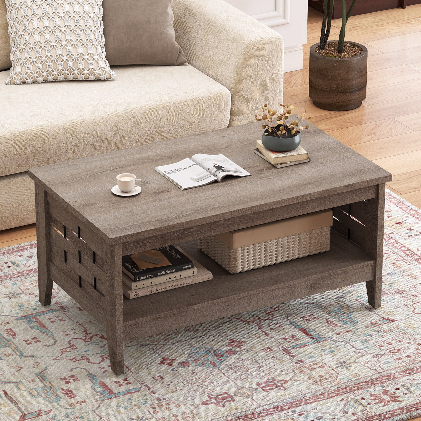 2-Tier Farmhouse Coffee Table with Open Shelf and Woven Decorations for Living Room, Oak Coffee Tables at Gallery Canada