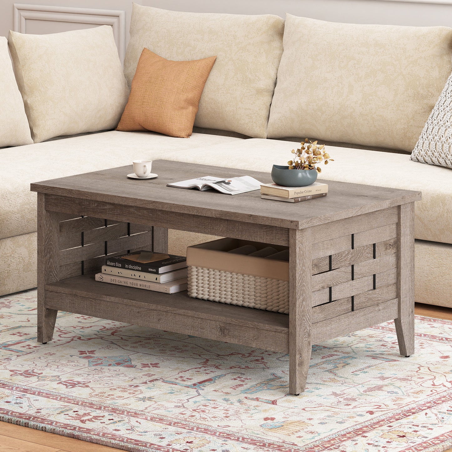 2-Tier Farmhouse Coffee Table with Open Shelf and Woven Decorations for Living Room, Oak Coffee Tables at Gallery Canada