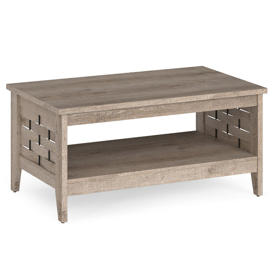 2-Tier Farmhouse Coffee Table with Open Shelf and Woven Decorations for Living Room, Oak
