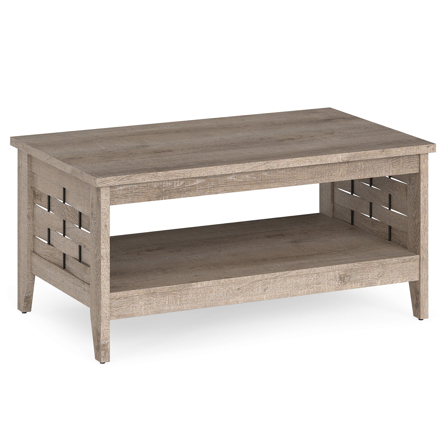 2-Tier Farmhouse Coffee Table, Open Shelf, Woven Decor, Oak Coffee Tables Oak at Gallery Canada