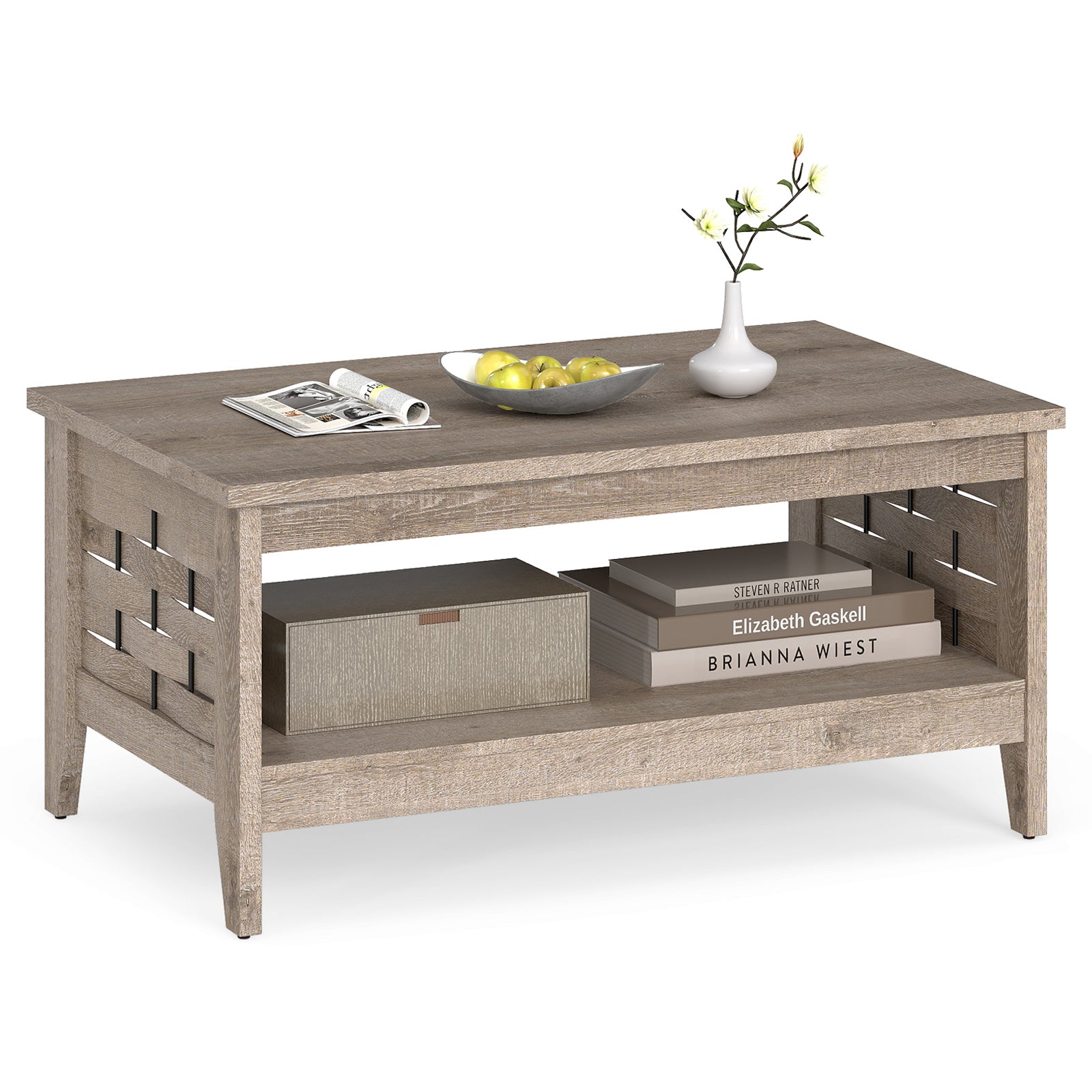 2-Tier Farmhouse Coffee Table with Open Shelf and Woven Decorations for Living Room, Oak Coffee Tables at Gallery Canada
