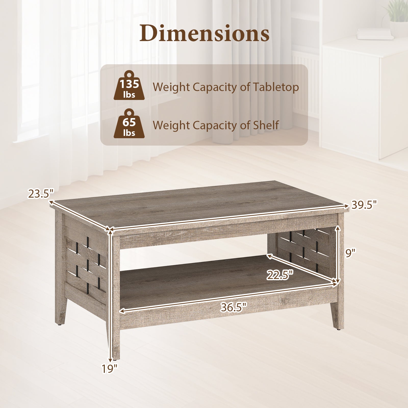 2-Tier Farmhouse Coffee Table with Open Shelf and Woven Decorations for Living Room, Oak Coffee Tables at Gallery Canada