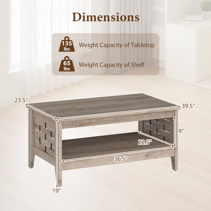 2-Tier Farmhouse Coffee Table with Open Shelf and Woven Decorations for Living Room, Oak Coffee Tables at Gallery Canada