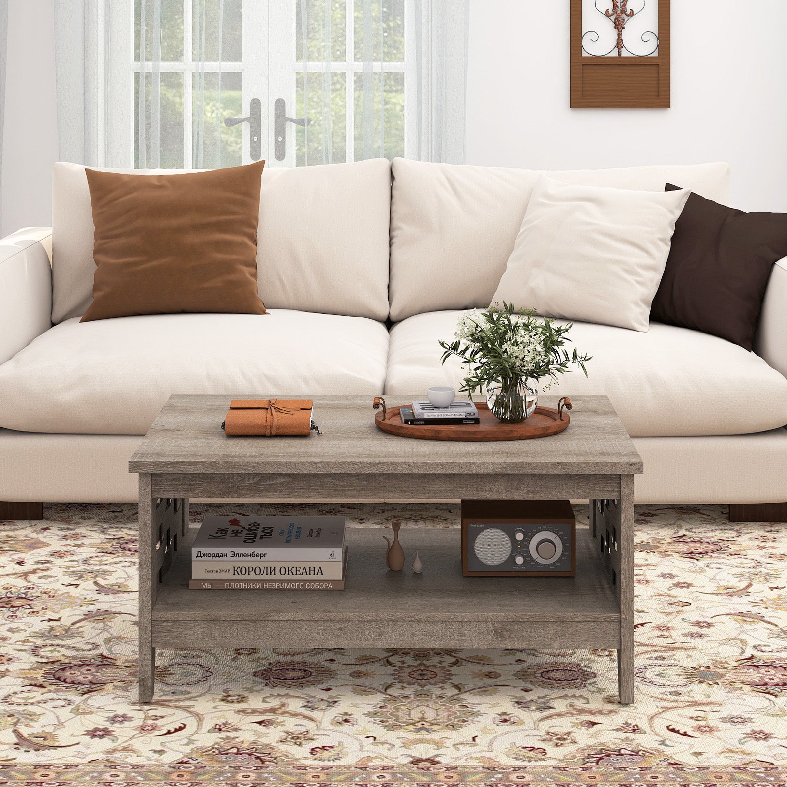2-Tier Farmhouse Coffee Table with Open Shelf and Woven Decorations for Living Room, Oak Coffee Tables at Gallery Canada