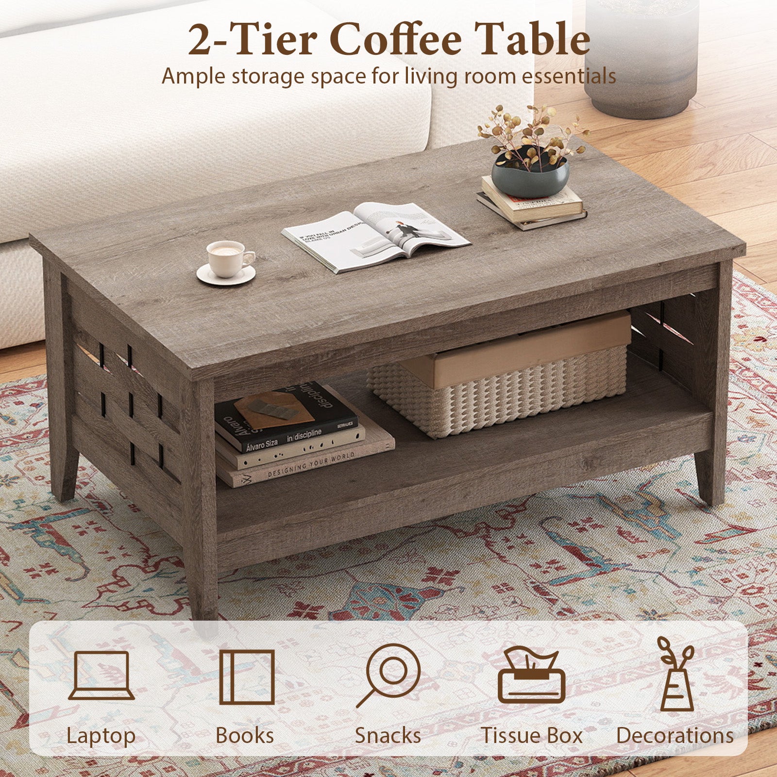 2-Tier Farmhouse Coffee Table with Open Shelf and Woven Decorations for Living Room, Oak Coffee Tables at Gallery Canada