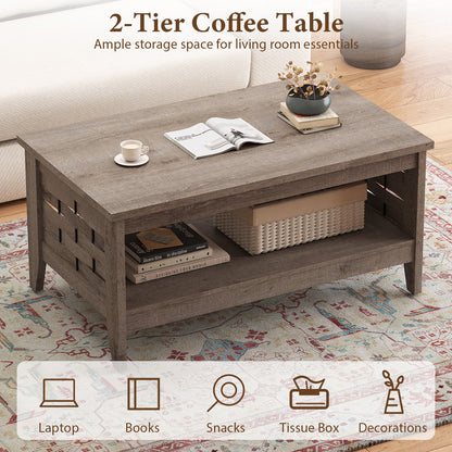 2-Tier Farmhouse Coffee Table with Open Shelf and Woven Decorations for Living Room, Oak Coffee Tables at Gallery Canada
