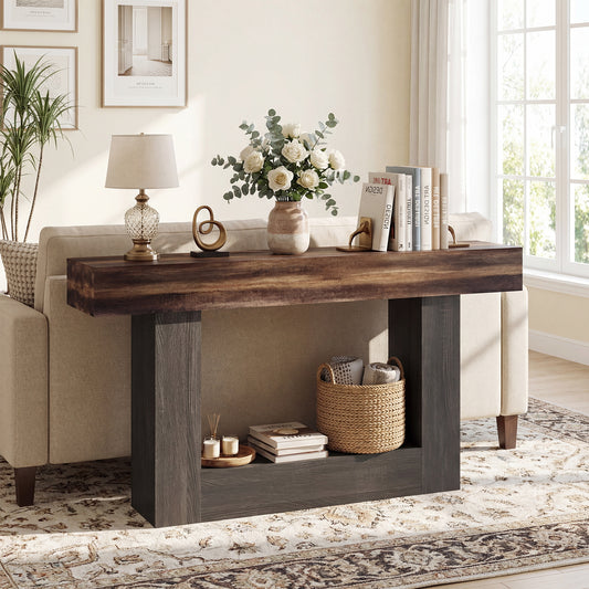 2-Tier Farmhouse Console Table, 63" Long, Storage Shelf, Rustic Brown Console Tables Rustic Brown at Gallery Canada