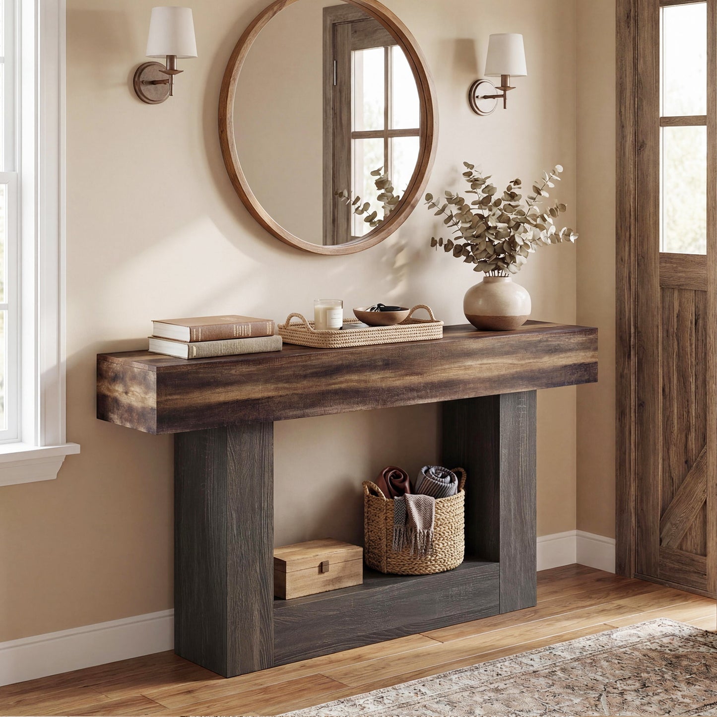 2-Tier Farmhouse Console Table, 63" Long, Storage Shelf, Rustic Brown Console Tables at Gallery Canada