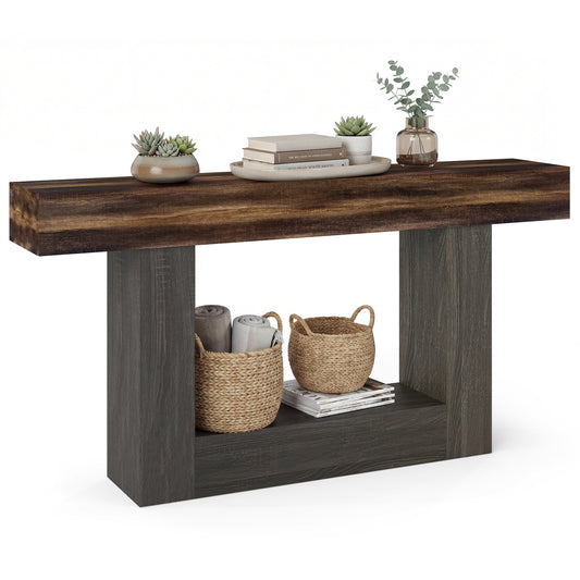 2-Tier Farmhouse Console Table, 63" Long, Storage Shelf, Rustic Brown Console Tables Rustic Brown at Gallery Canada