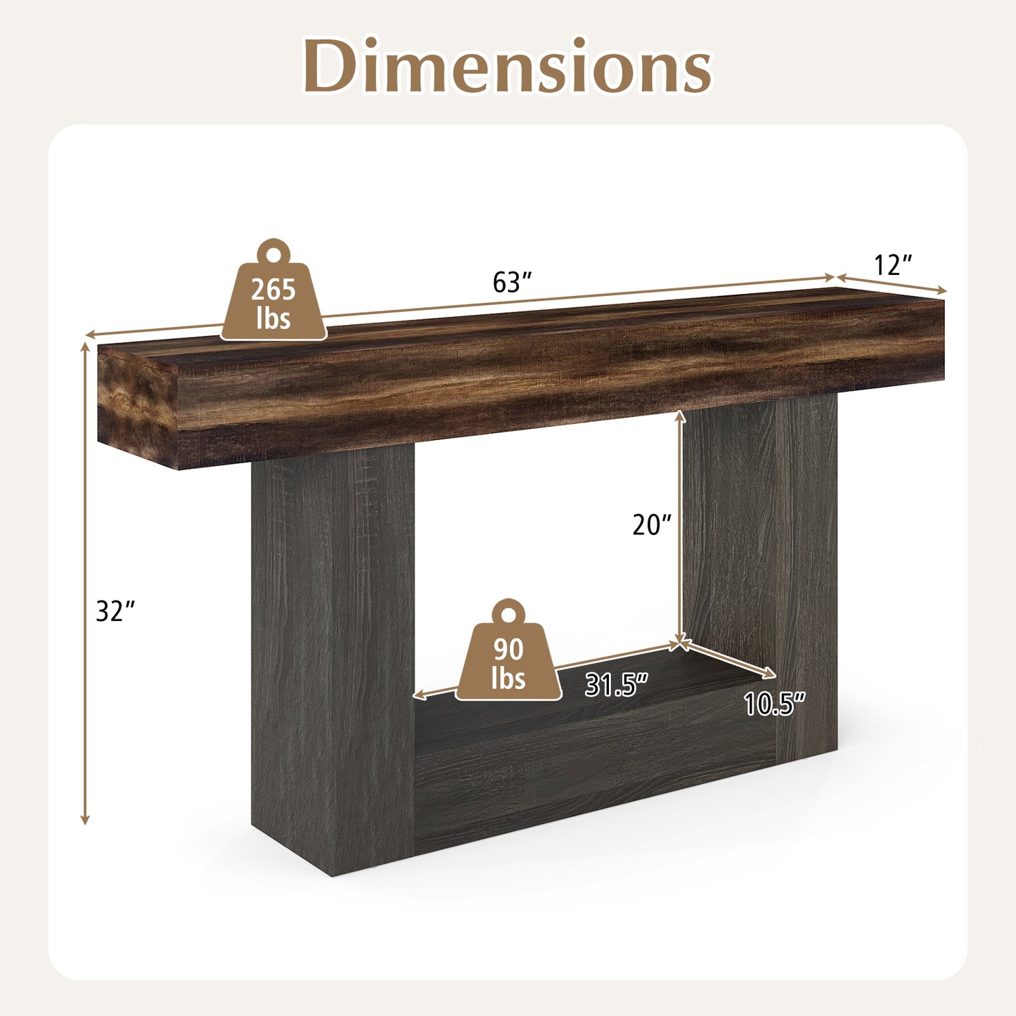 2-Tier Farmhouse Console Table, 63" Long, Storage Shelf, Rustic Brown Console Tables at Gallery Canada