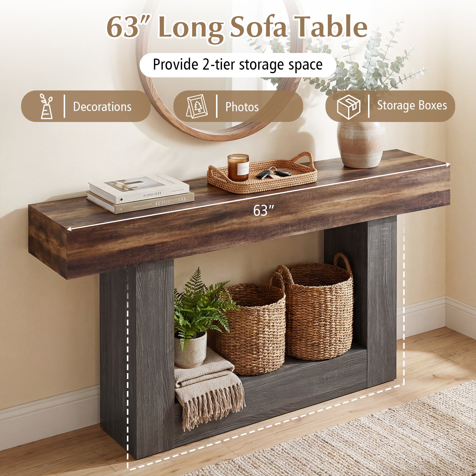 2-Tier Farmhouse Console Table, 63