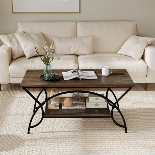 2-Tier Faux Marble Coffee Table with Marble Top and Metal Frame, Oak