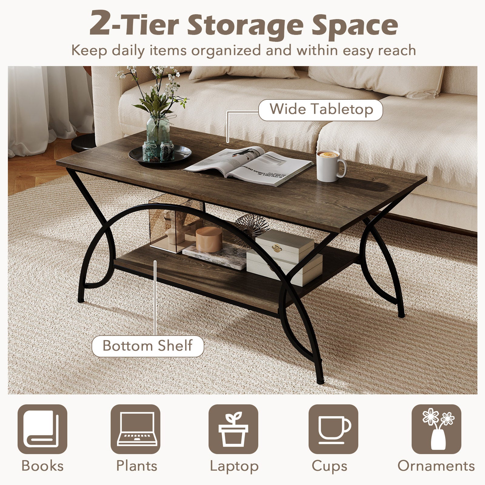 2-Tier Faux Marble Coffee Table with Marble Top and Metal Frame, Oak Coffee Tables at Gallery Canada