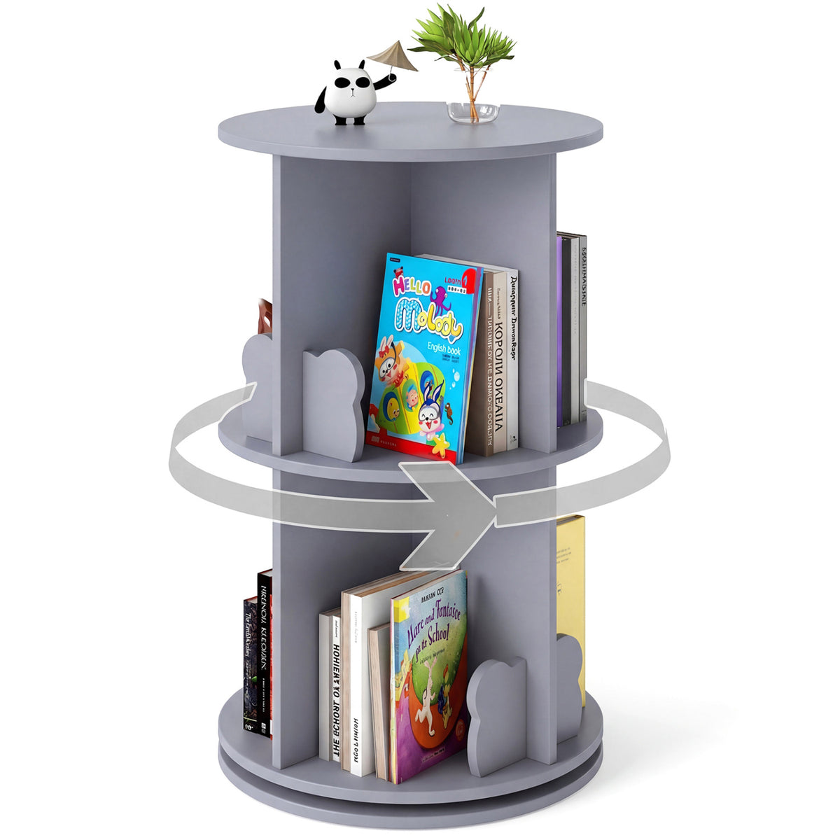2 Tier Kids Rotating Bookshelf Storage Rack, Gray
