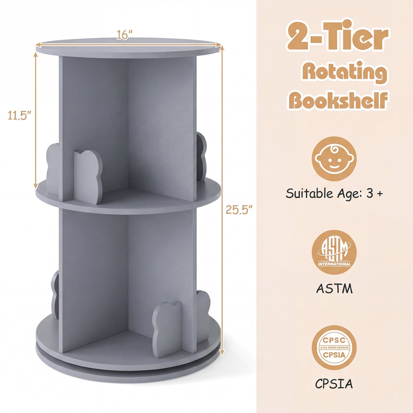 2 Tier Kids Rotating Bookshelf Storage Rack, Gray