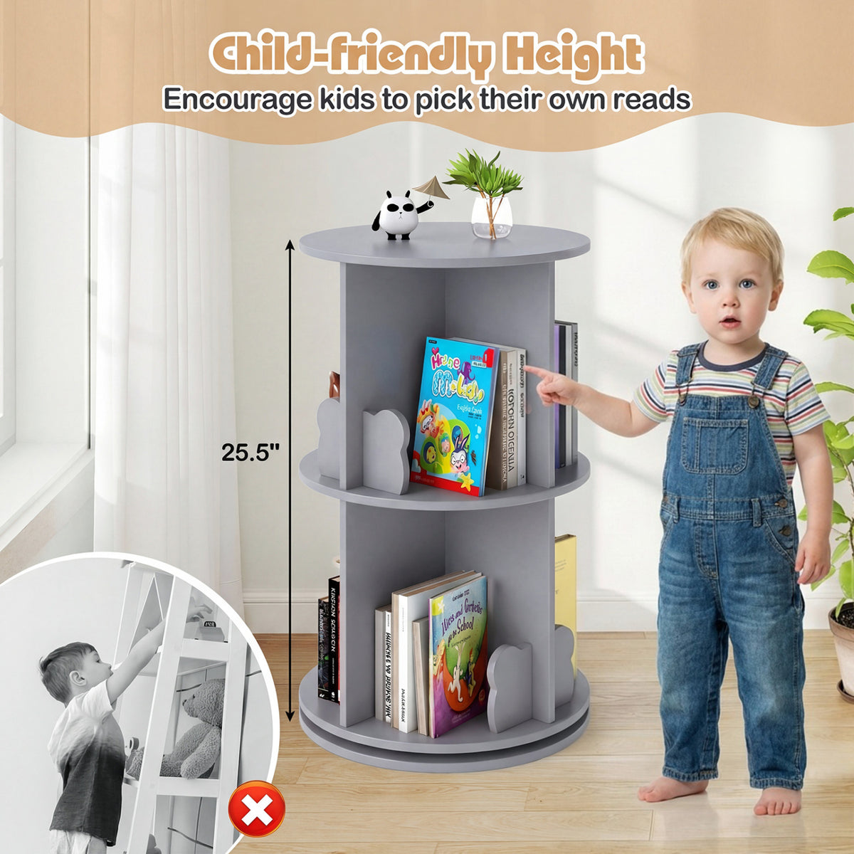 2 Tier Kids Rotating Bookshelf Storage Rack, Gray