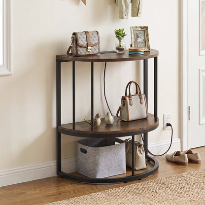 2-Tier Half Moon Console Table with Power Outlets, Brown