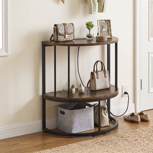 2-Tier Half Moon Console Table with Power Outlets, Brown Console Tables Rustic Brown at Gallery Canada
