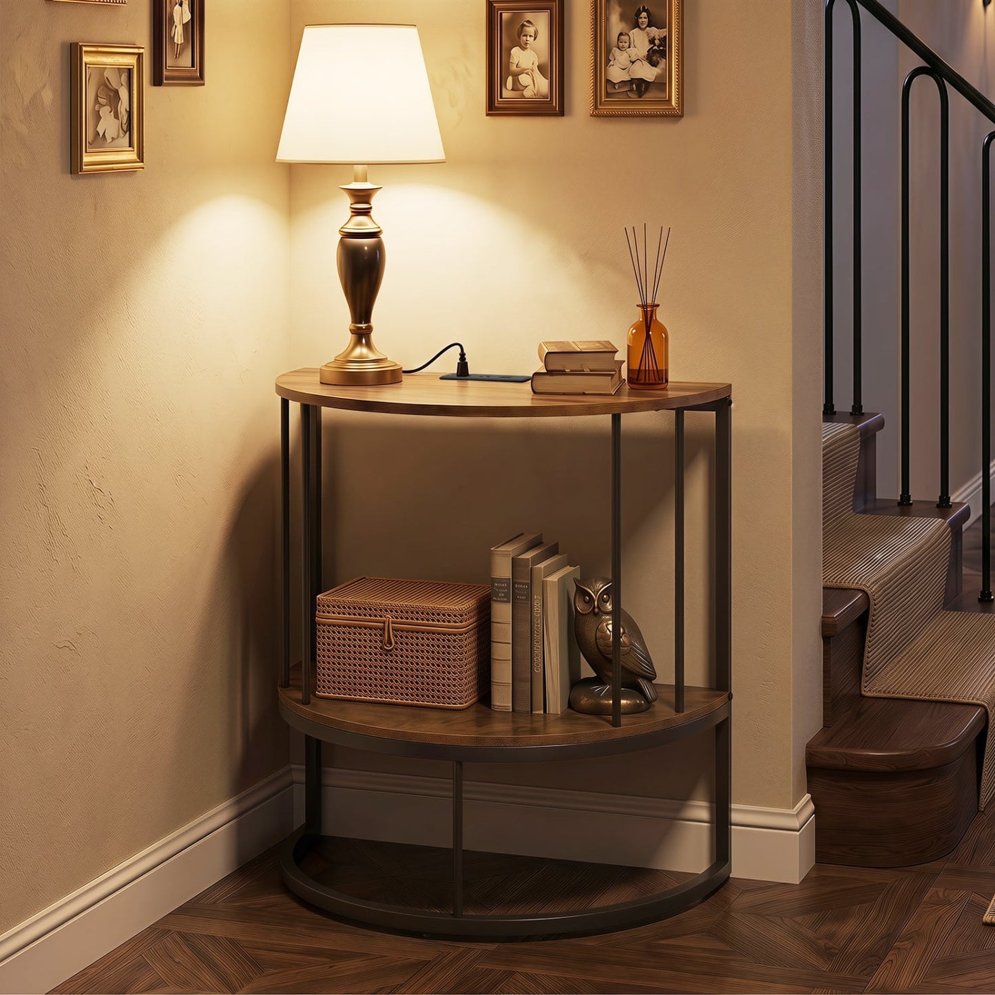 2-Tier Half Moon Console Table with Power Outlets, Brown