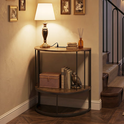 2-Tier Half Moon Console Table with Power Outlets, Brown