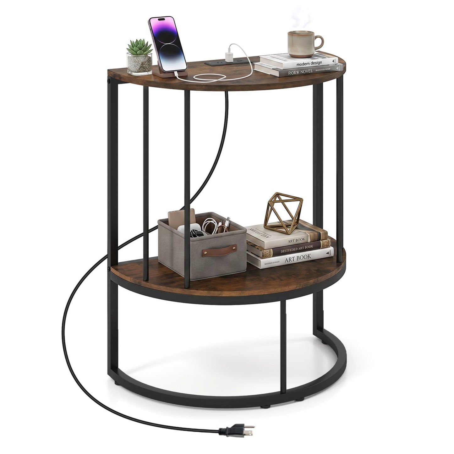 2-Tier Half Moon Console Table with Power Outlets, Brown