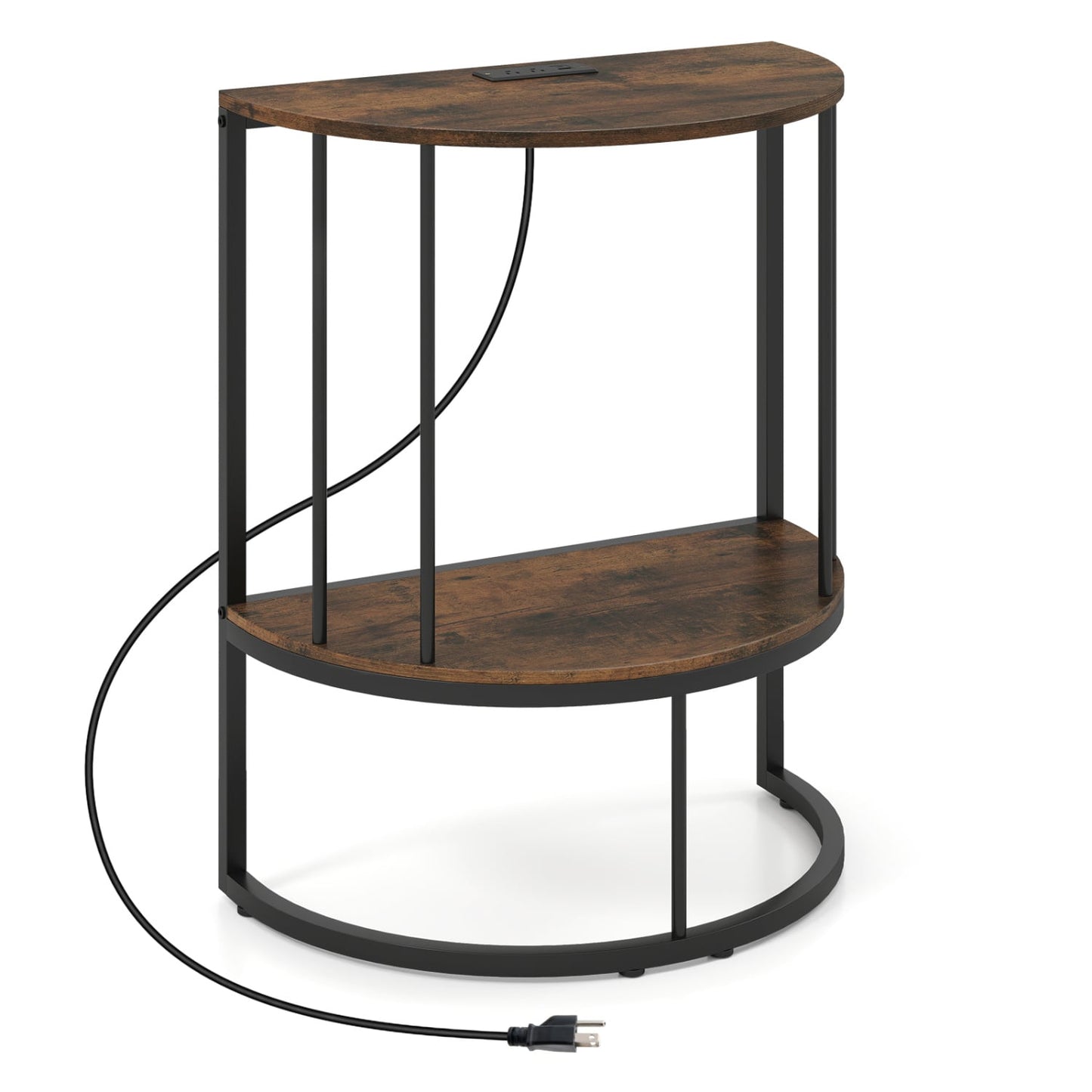 2-Tier Half Moon Console Table with Power Outlets, Brown